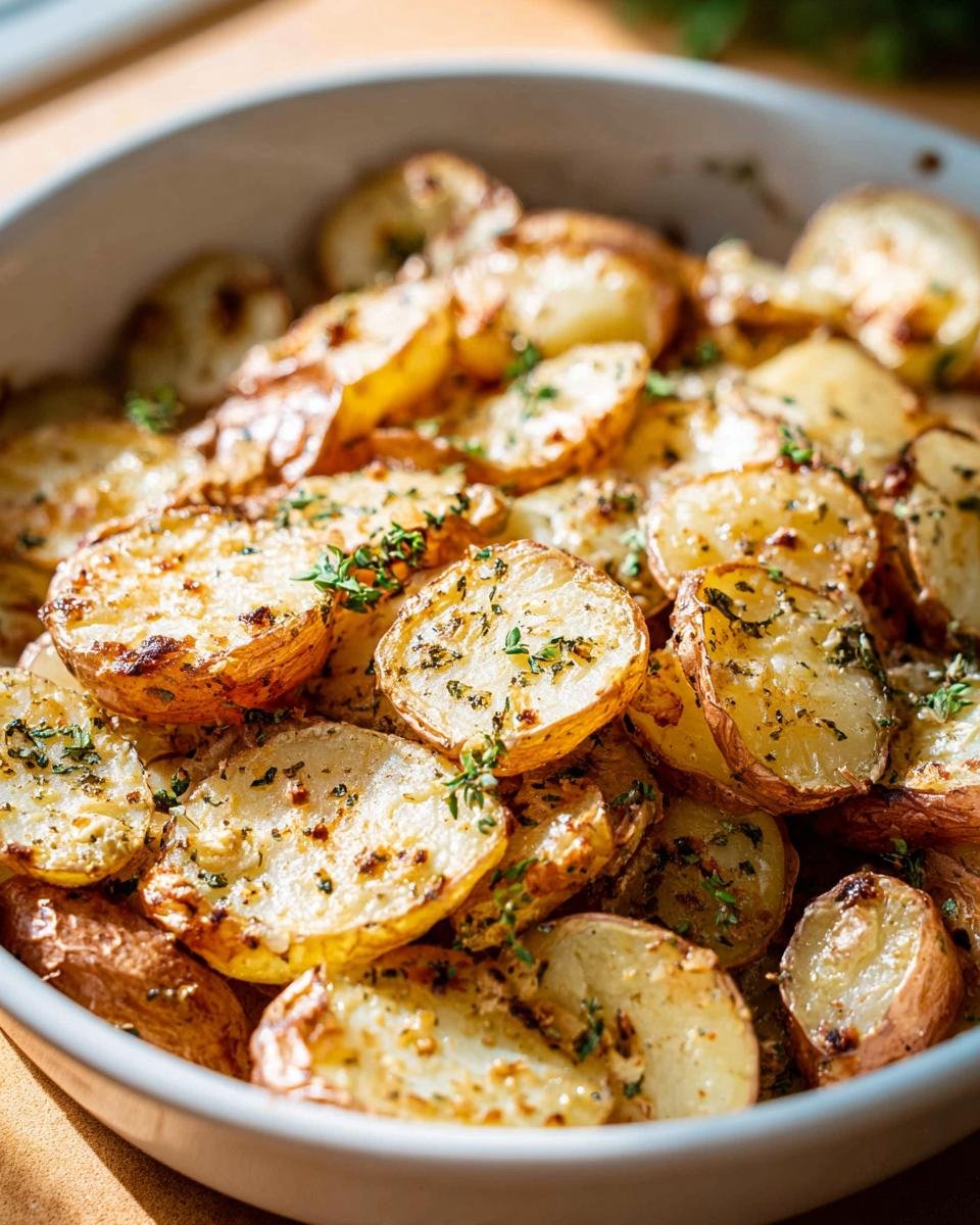 Close-up of crispy Garlic Herb Roasted Baby Potatoes, halved and seasoned with herbs, served in a white bowl.