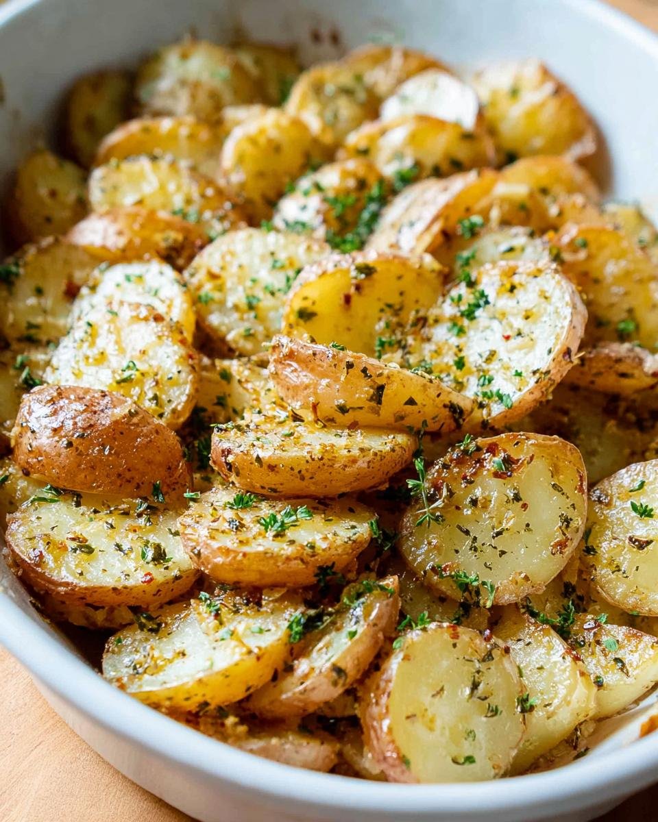 Close-up of crispy Garlic Herb Roasted Baby Potatoes, sliced and seasoned with herbs, served in a white baking dish.