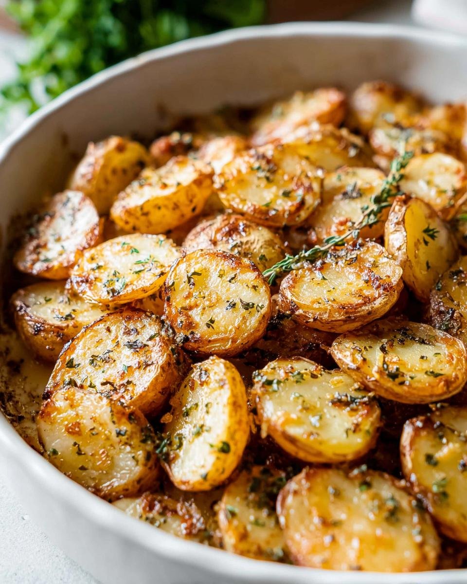 Close-up of crispy Garlic Herb Roasted Baby Potatoes seasoned with herbs in a white baking dish.