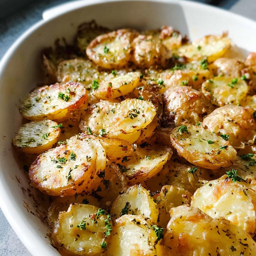 Close-up of crispy, golden Garlic Herb Roasted Baby Potatoes seasoned with herbs in a white baking dish.