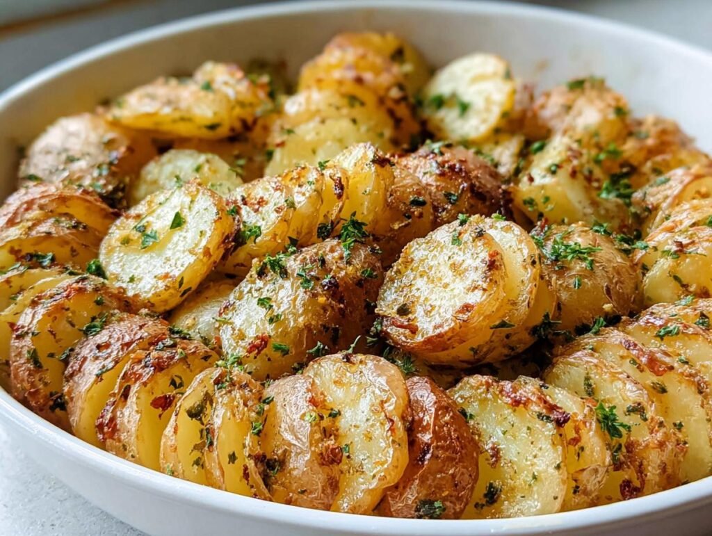 Close-up of crispy Garlic Herb Roasted Baby Potatoes seasoned with herbs in a white serving dish.