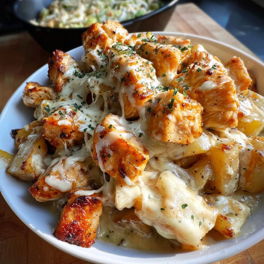 Close-up of cubed, browned chicken and roasted potatoes smothered in melted cheese and herbs, featuring Garlic Parmesan Chicken and Potatoes.