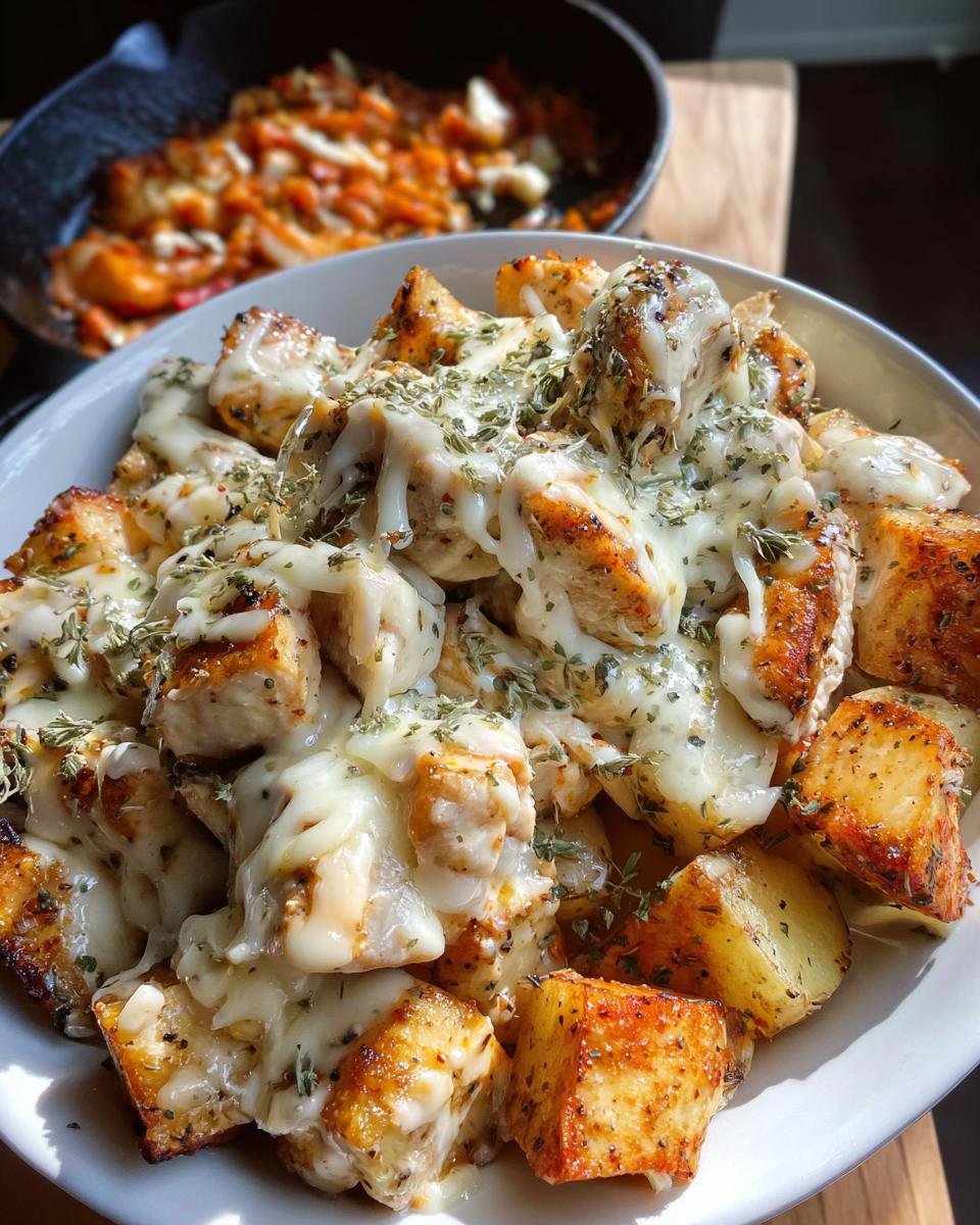A close-up of Garlic Parmesan Chicken and Potatoes topped with melted cheese and herbs in a white bowl.