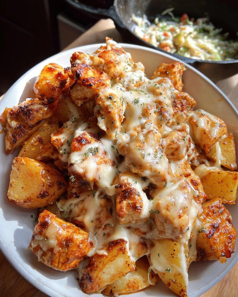A bowl overflowing with roasted potatoes and chicken pieces smothered in melted cheese, part of the Garlic Parmesan Chicken and Potatoes dinner.