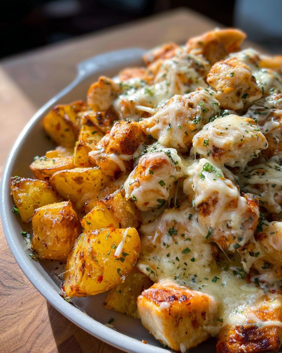 Close-up of baked Garlic Parmesan Chicken and Potatoes topped with melted mozzarella and fresh parsley.