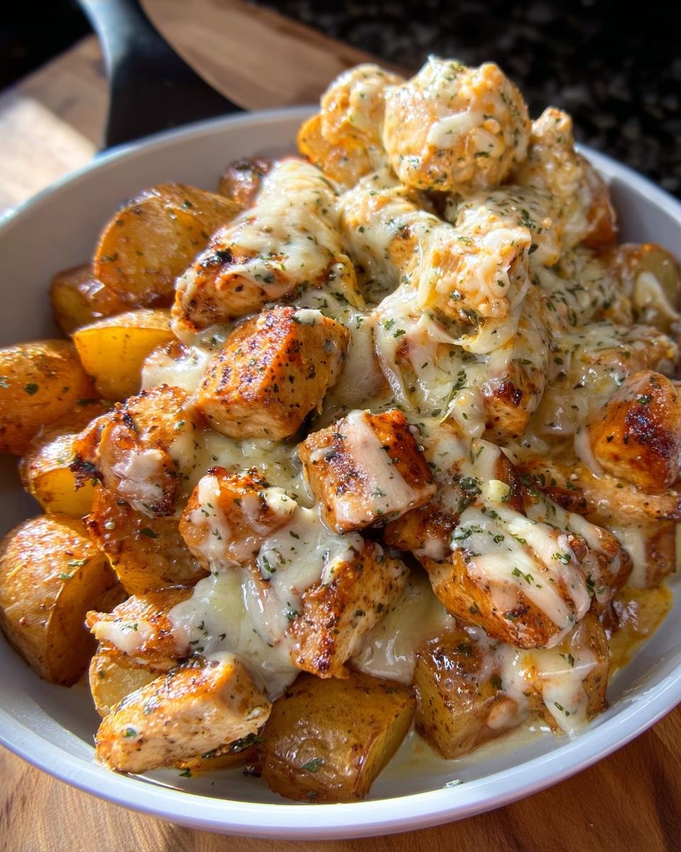 Close-up of Garlic Parmesan Chicken and Potatoes topped with melted mozzarella cheese and herbs in a white bowl.