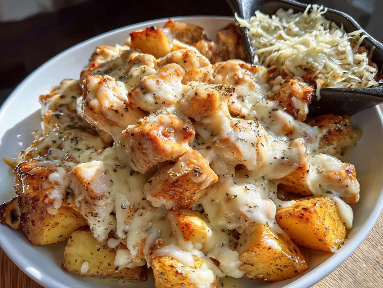 Close-up of Garlic Parmesan Chicken and Potatoes cubes topped with melted mozzarella and herbs.