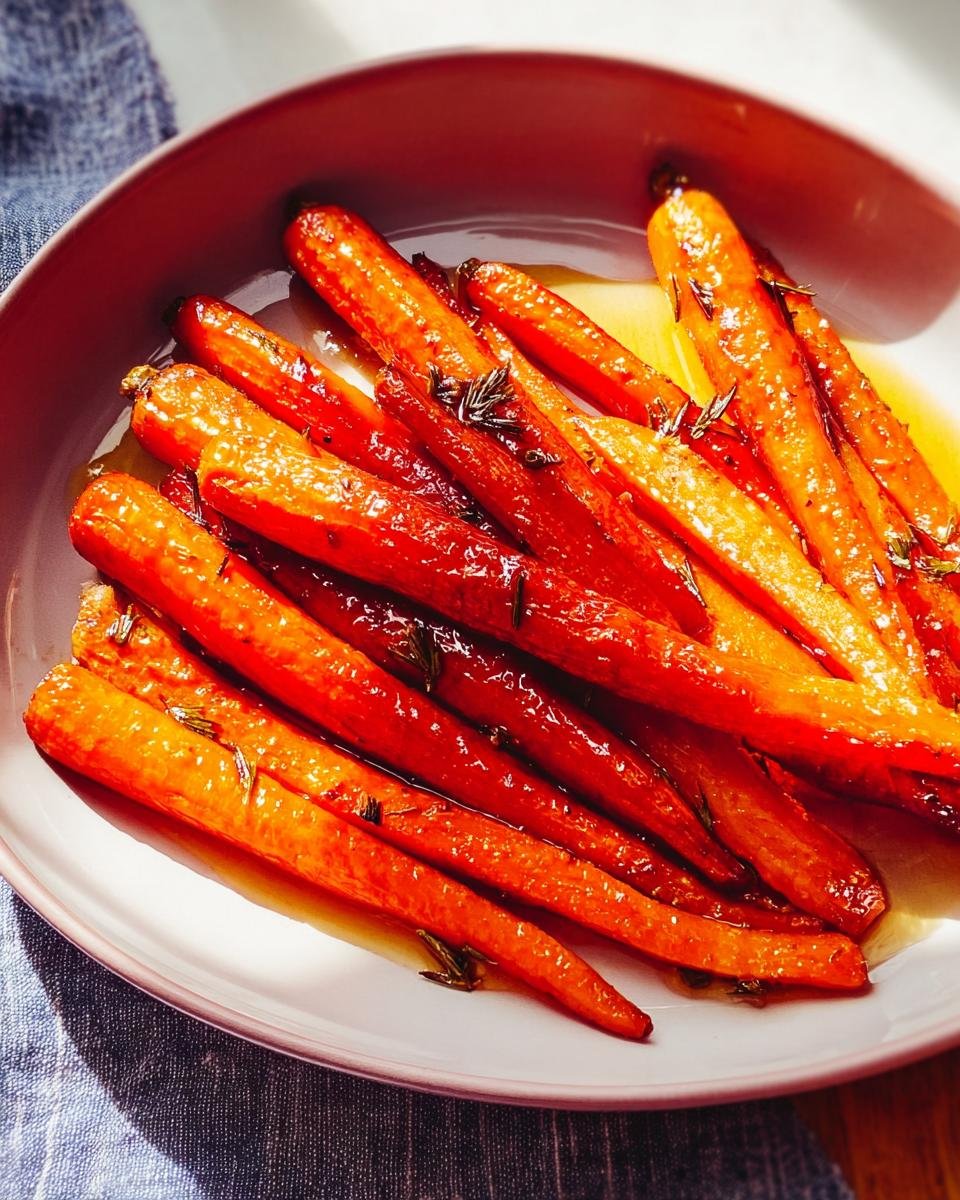A bowl of glossy, glazed carrots garnished with rosemary, perfect as a side dish to serve with prime rib.
