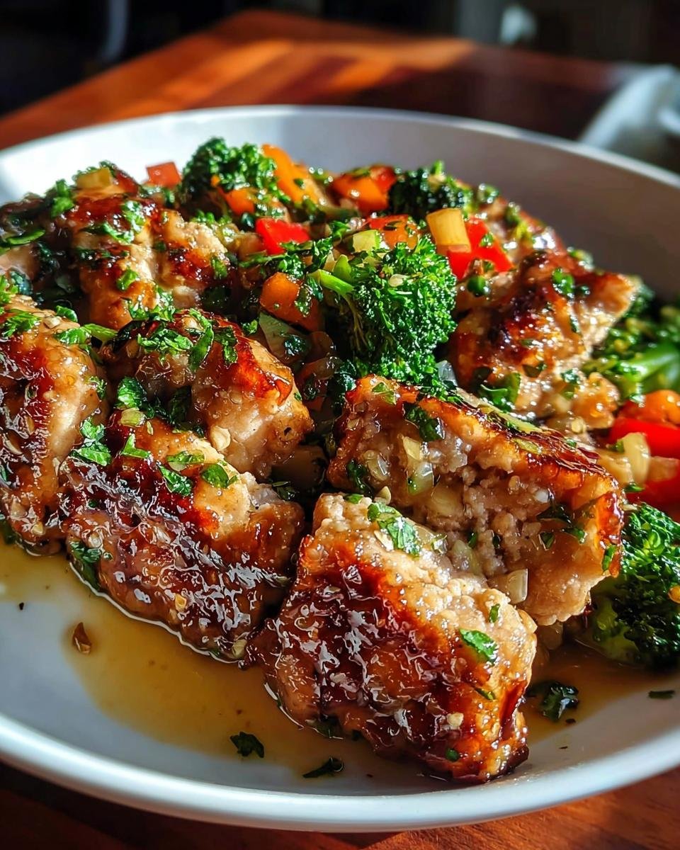 Close-up of glazed chicken pieces served with bright green broccoli and peppers, a perfect example of Healthy Meals You Can Prep in Under 1 Hour.