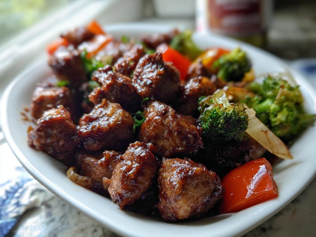 Close-up of glazed, cubed meat stir-fry with bright broccoli and red peppers, perfect for healthy family dinners.