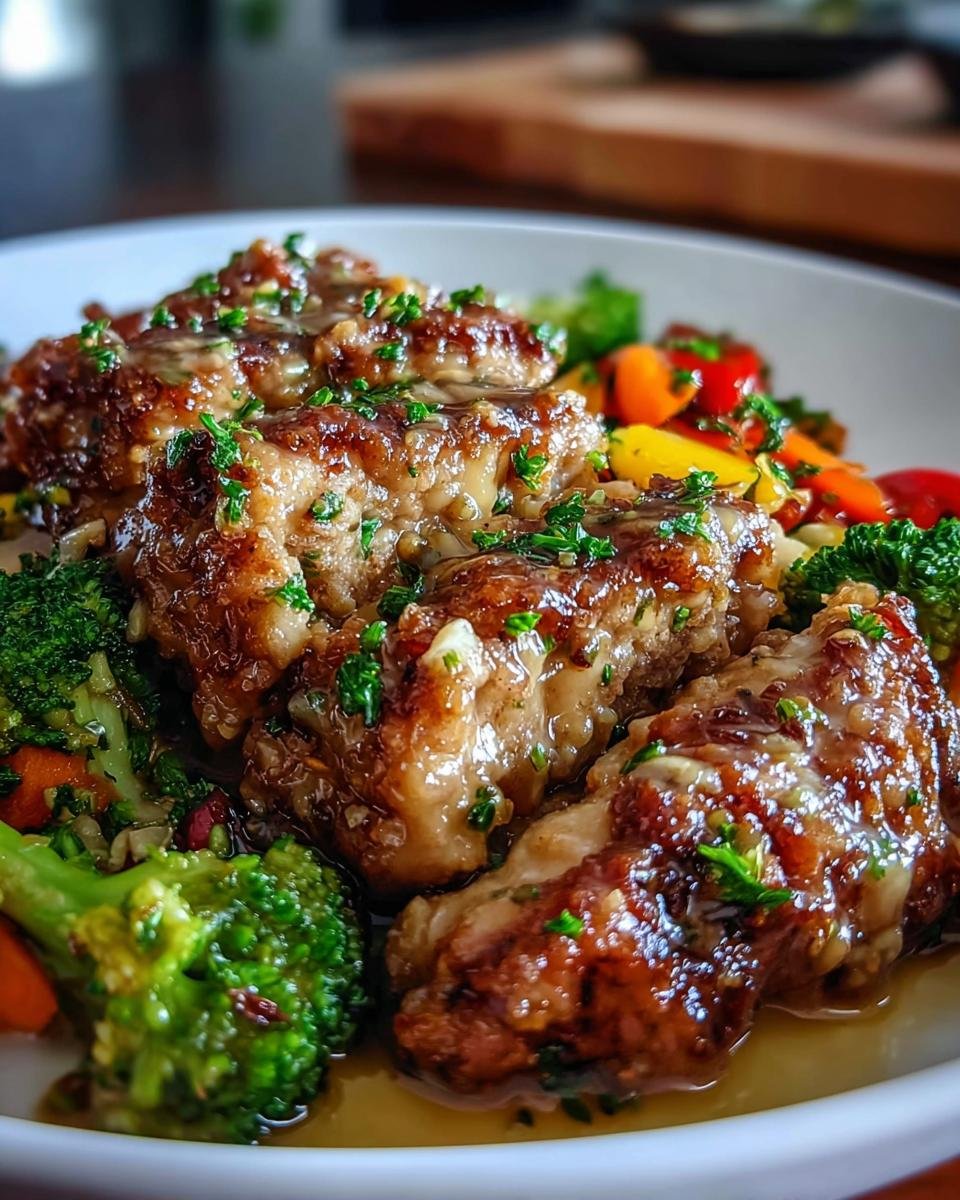 Close-up of glazed, pan-seared meat served with bright steamed broccoli and mixed peppers, perfect for Healthy Meals You Can Prep in Under 1 Hour.