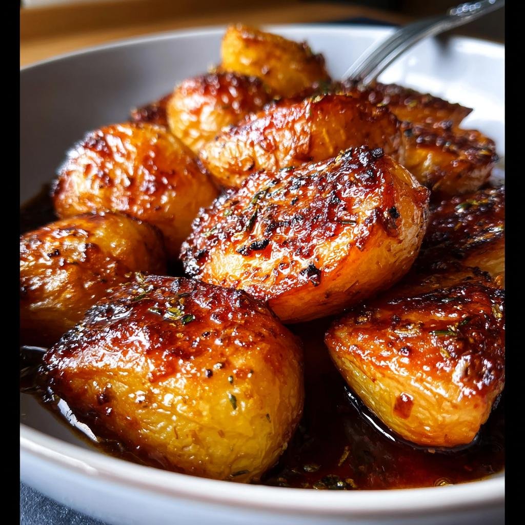 Close-up of small, roasted potatoes glazed in a rich, dark sauce, likely served alongside Dorm-Friendly salmon recipes.