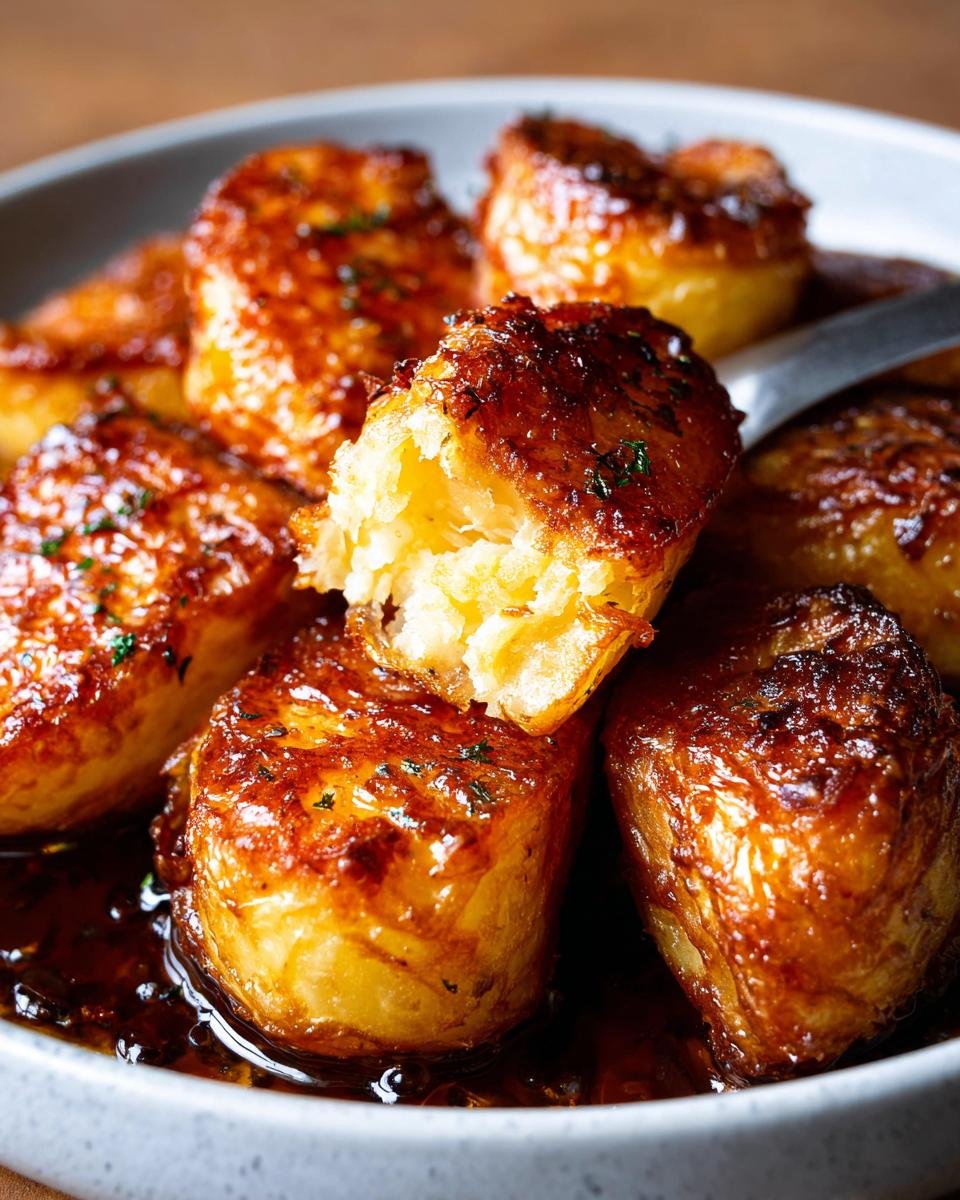 Close-up of caramelized potato rounds glazed in a dark sauce, perfect side for Dorm-Friendly salmon recipes.