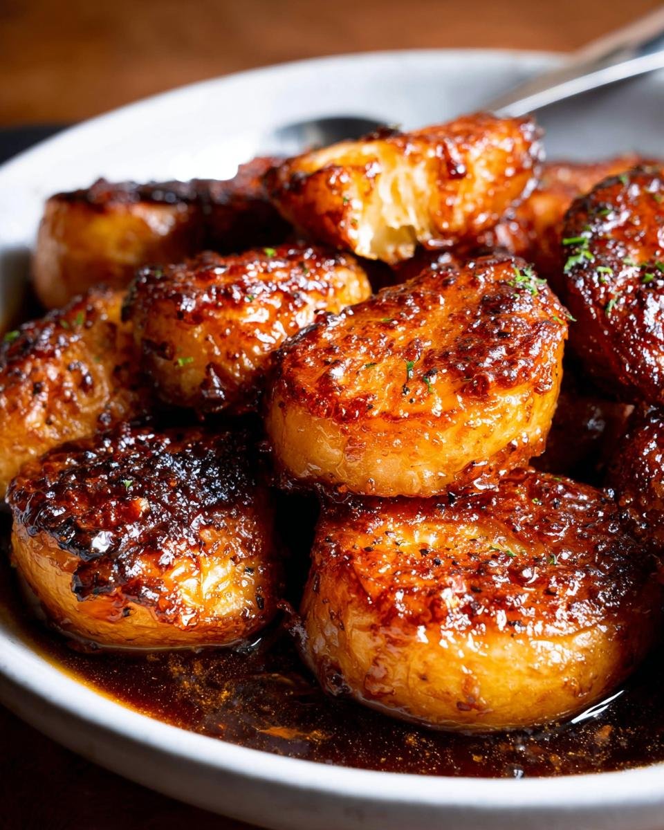 Close-up of caramelized, glazed potato rounds soaking in a rich sauce, a potential side for Hot Honey Salmon recipes.