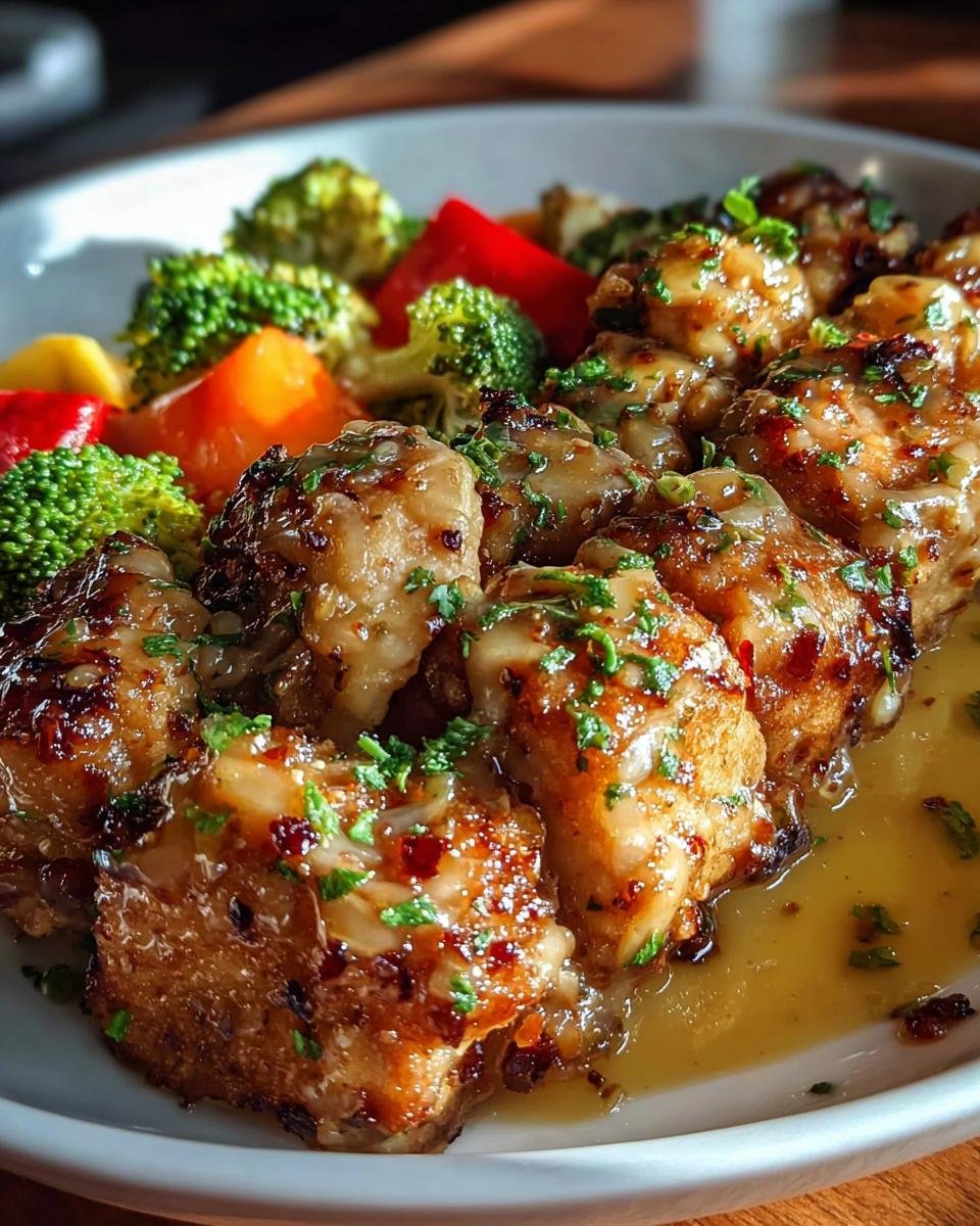 Close-up of glazed protein pieces served with bright steamed broccoli and peppers, suitable for Healthy Meals You Can Prep in Under 1 Hour.