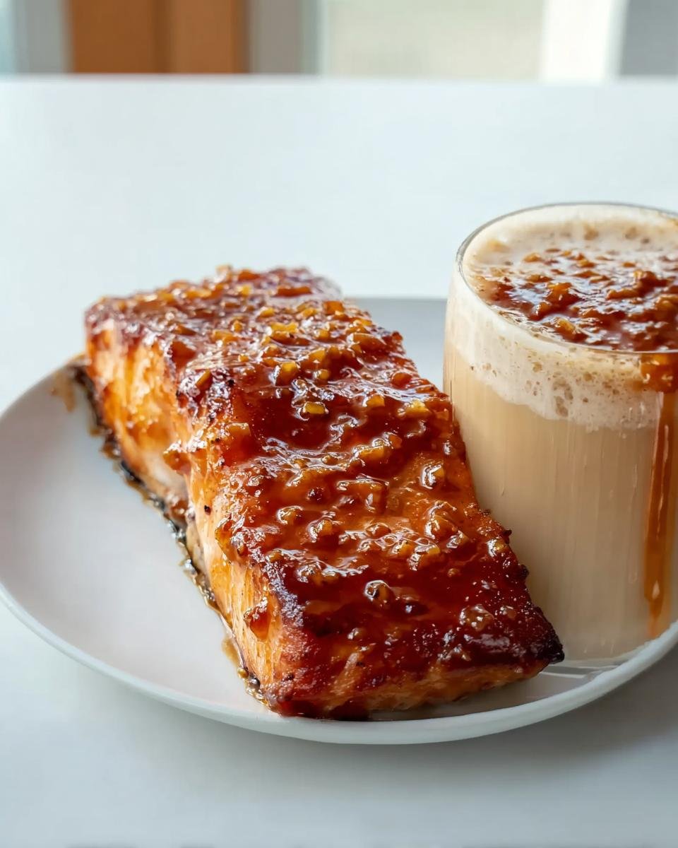 A piece of glazed salmon served next to a cold, frothy drink, illustrating budget meal ideas alongside Dorm-Friendly Starbucks Drinks.