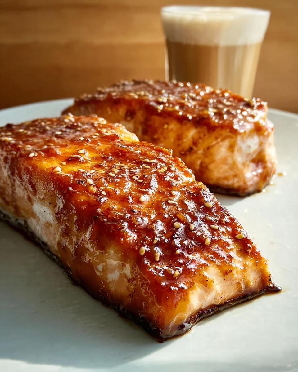 Two glazed salmon fillets with sesame seeds next to a layered iced coffee drink, illustrating Dorm-Friendly Starbucks Drinks on a Budget.