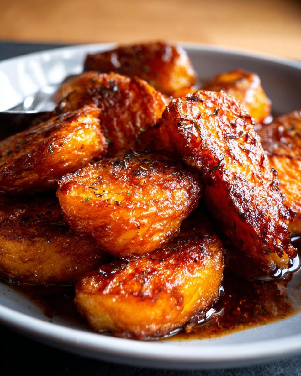Close-up of caramelized, glazed side dish pieces, likely potatoes or sweet potatoes, soaking in sauce, meant to accompany Dorm-Friendly salmon recipes.