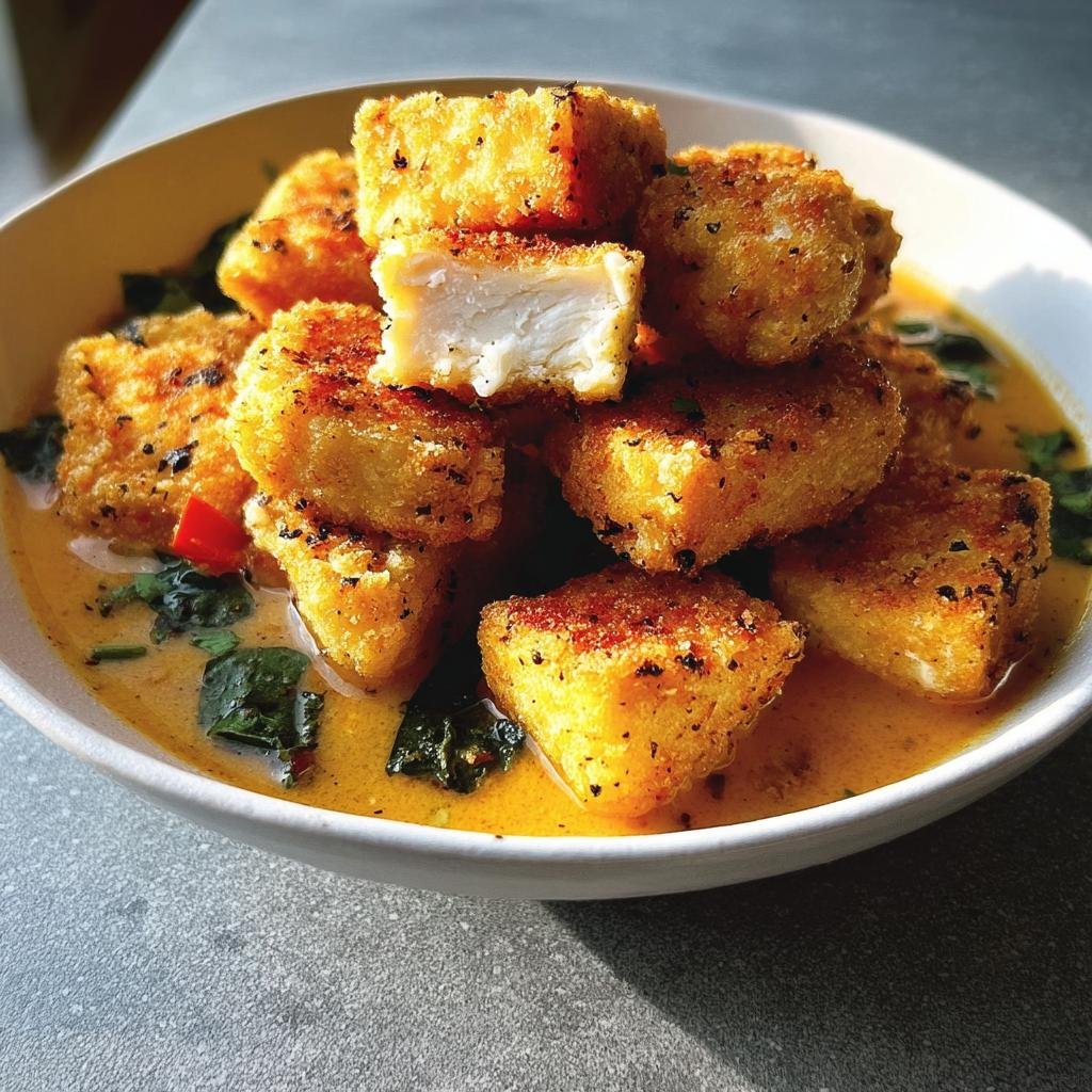 Close-up of golden, breaded tofu cubes served in a creamy yellow sauce with spinach, perfect for clean eating dinner recipes made easy.