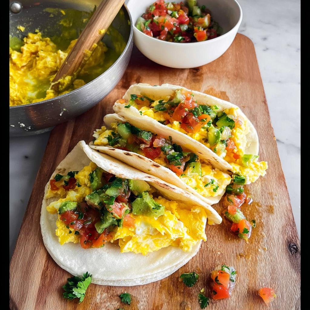 Three breakfast tacos filled with fluffy scrambled eggs and fresh salsa, perfect for grab-and-go breakfast ideas.