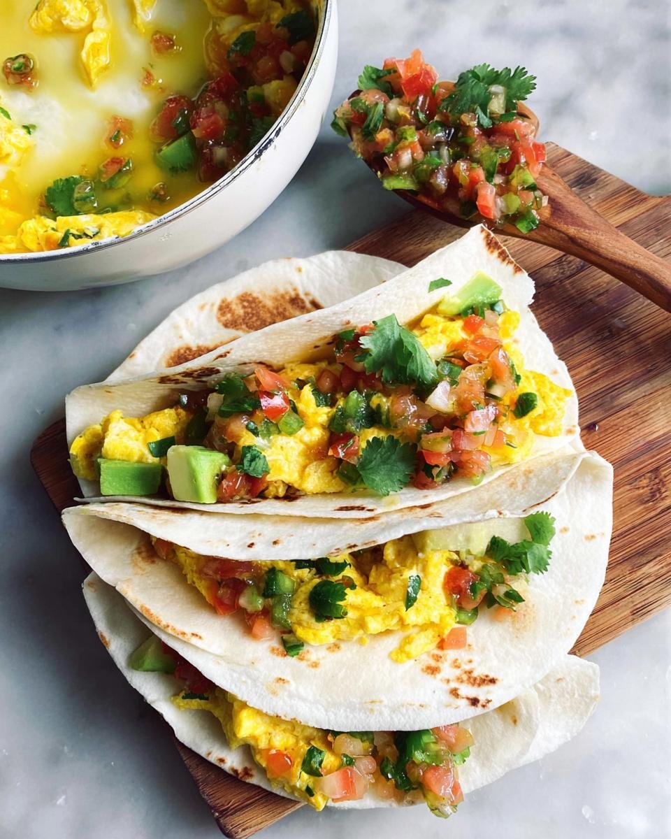 Three stacked breakfast tacos filled with scrambled eggs, avocado, and fresh pico de gallo, perfect for grab-and-go mornings.