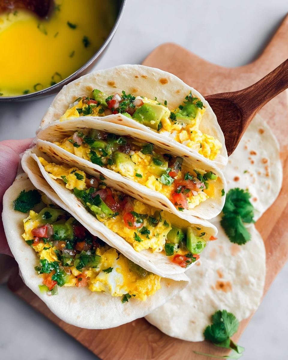 Three breakfast tacos filled with scrambled eggs, avocado, and pico de gallo, perfect for grab-and-go breakfast ideas.