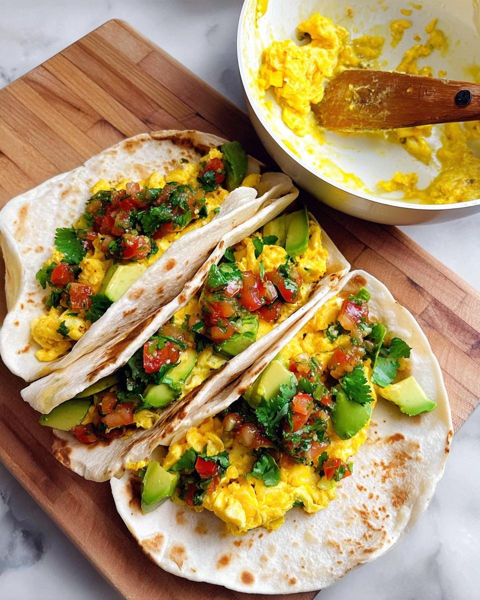 Three breakfast tacos filled with scrambled eggs, avocado, and salsa, ready for grab-and-go breakfast ideas.