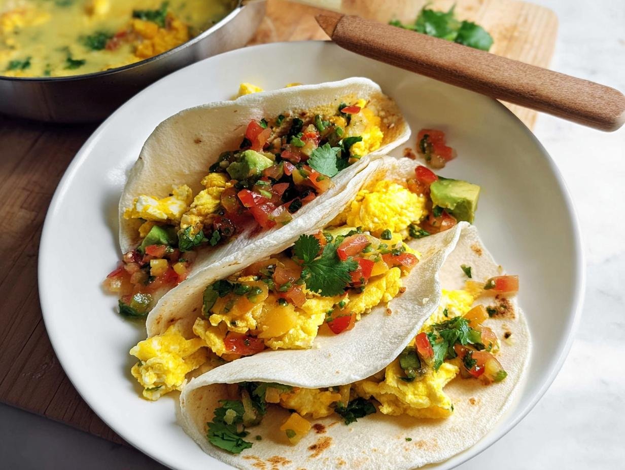Three breakfast tacos filled with scrambled eggs, avocado, and salsa, perfect for grab-and-go breakfast ideas.