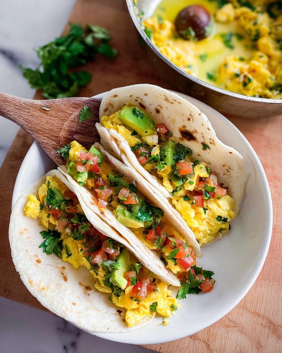 Three breakfast tacos filled with scrambled eggs, avocado, and pico de gallo, perfect for grab-and-go ideas.
