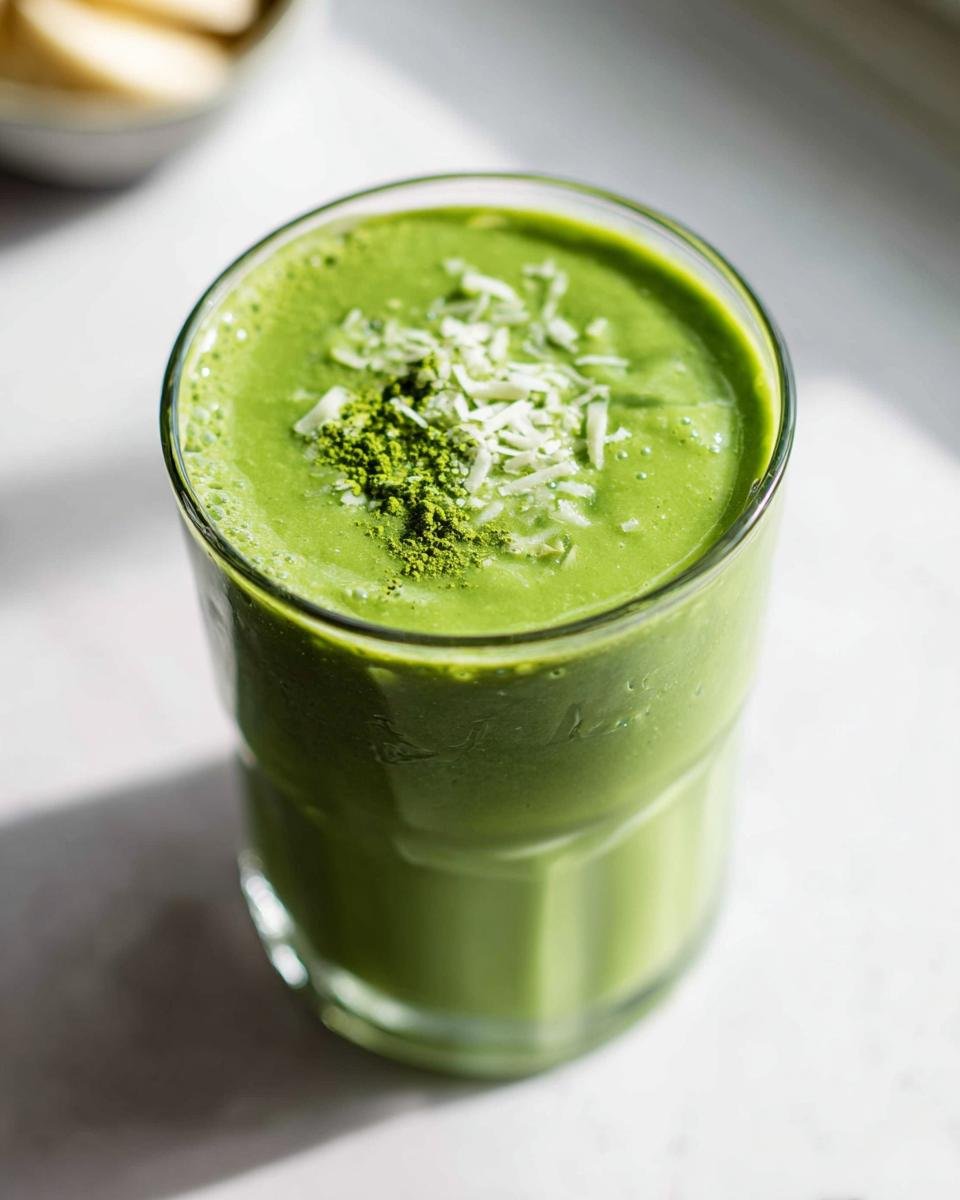 Close-up of a vibrant green smoothie topped with shredded coconut and matcha powder, perfect for a Starbucks Drinks: Easy Order.