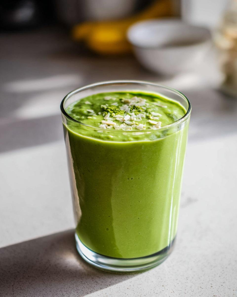 A vibrant green smoothie topped with shredded coconut and matcha powder, ready for an easy Starbucks Drinks order.