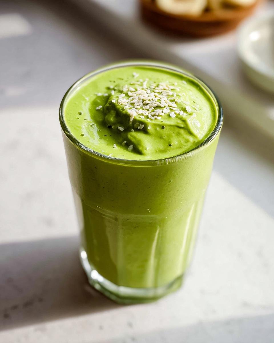Close-up of a vibrant green smoothie topped with white seeds, perfect for a Starbucks Drinks: Easy Order.