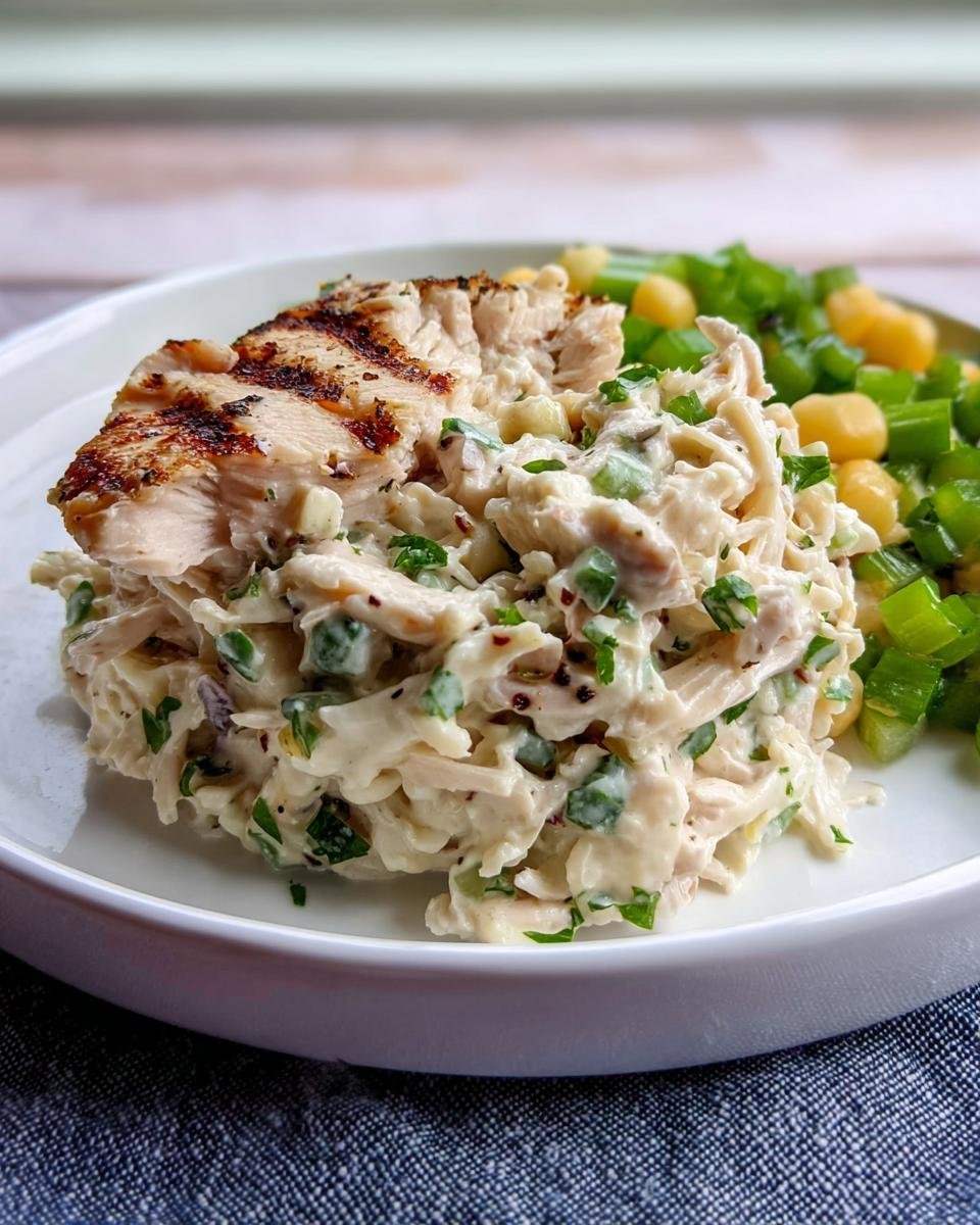 A serving of grilled chicken breast next to creamy chicken salad, garnished with corn and green onions.