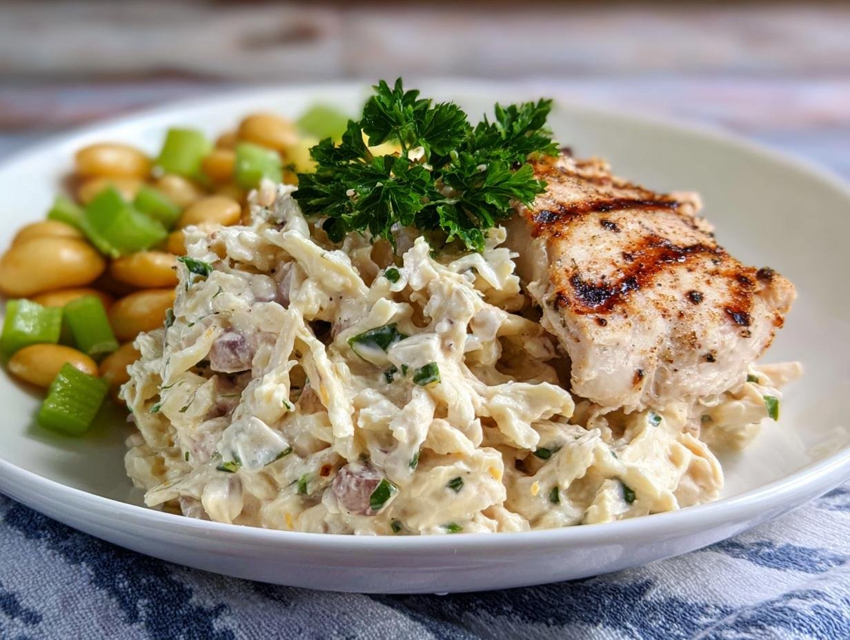 Grilled chicken breast served alongside a creamy chicken salad and butter beans, part of healthy chicken recipes.