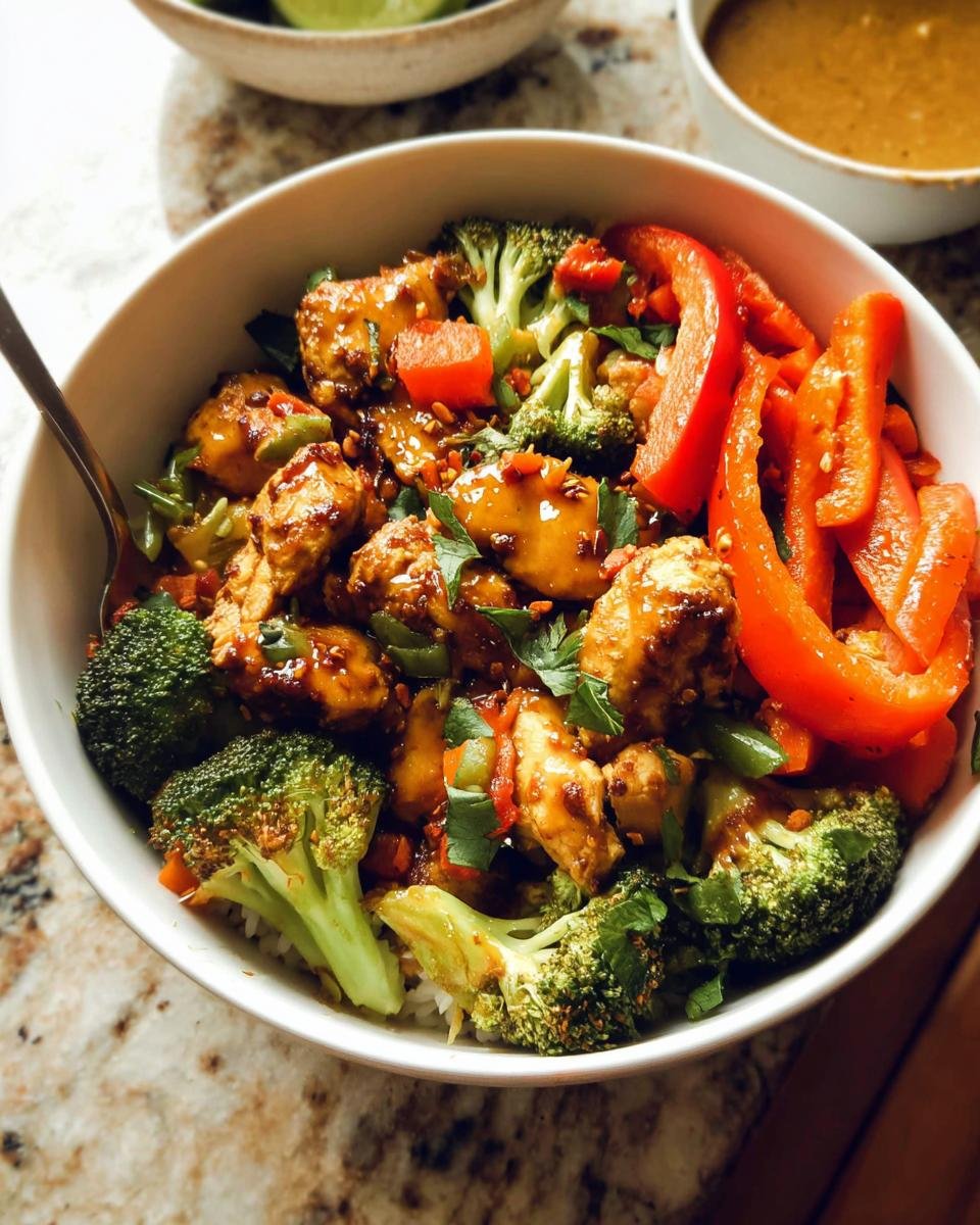 A close-up of a Healthy Bowls with Protein, Veggies & Flavor featuring glazed chicken, bright green broccoli, and sliced red bell peppers.