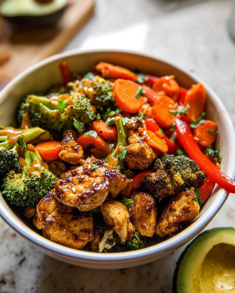 Close-up of a bowl featuring glazed chicken, broccoli, carrots, and red peppers, representing Healthy Bowls with Protein, Veggies & Flavor.