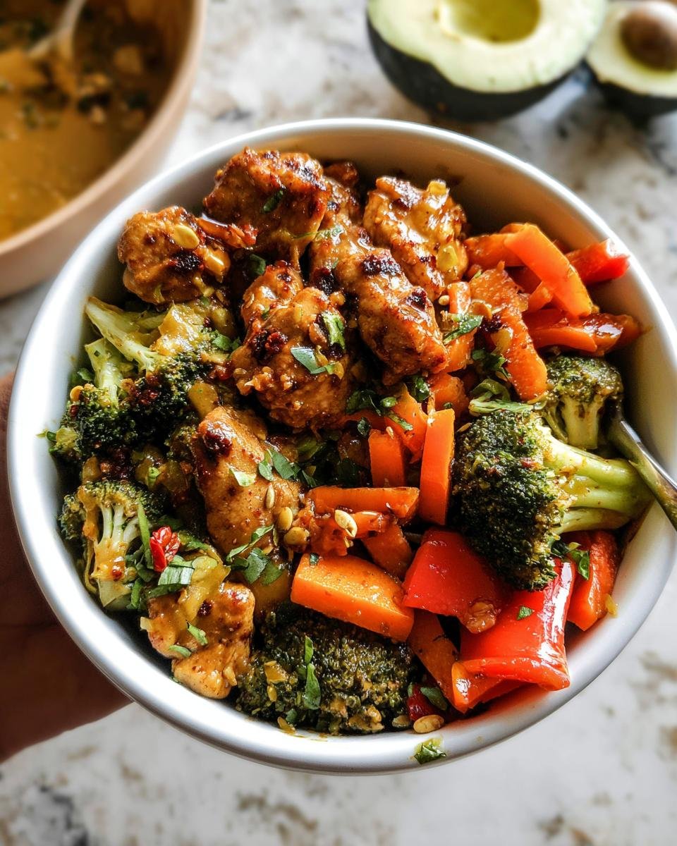 Close-up of a white bowl filled with Healthy Bowls with Protein, Veggies & Flavor, featuring chicken, broccoli, carrots, and peppers.