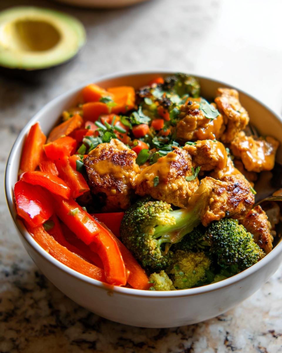 A close-up of a vibrant bowl featuring seasoned protein, bright red bell peppers, broccoli, and sweet potatoes, part of the Healthy Bowls with Protein, Veggies & Flavor.