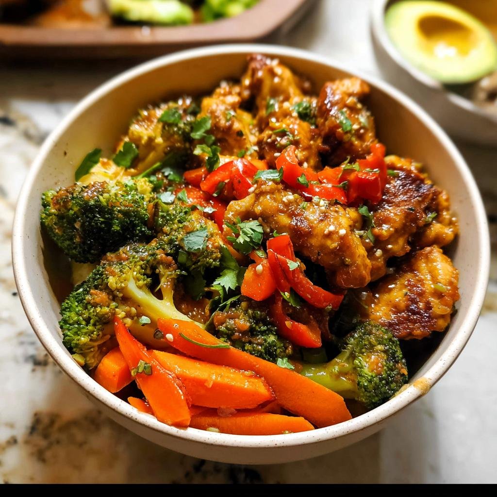 Close-up of a Healthy Bowls with Protein, Veggies & Flavor featuring glazed chicken, broccoli, carrots, and red peppers.