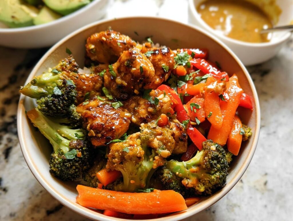 Close-up of a Healthy Bowl with Protein, Veggies & Flavor featuring glazed chicken pieces, broccoli, carrots, and peppers.