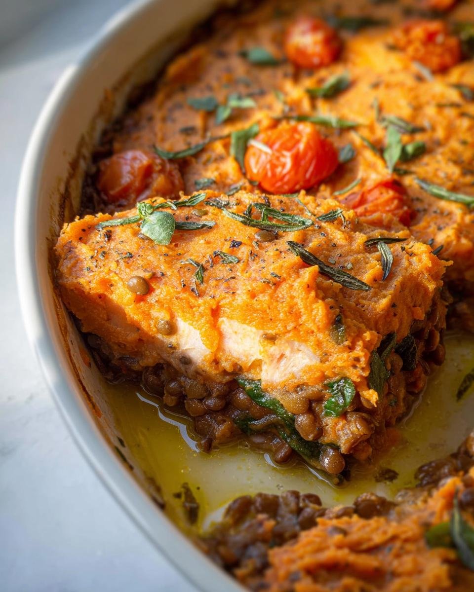 Slice of a healthy dinner recipe featuring a layer of lentils topped with mashed sweet potato and cherry tomatoes.