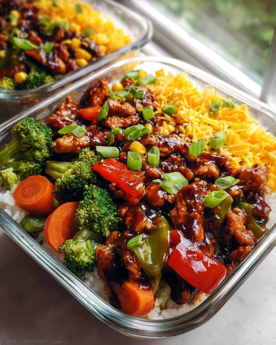 Close-up of a glass container showing healthy meal prep recipes for busy people: rice, saucy chicken, broccoli, carrots, and shredded cheese.