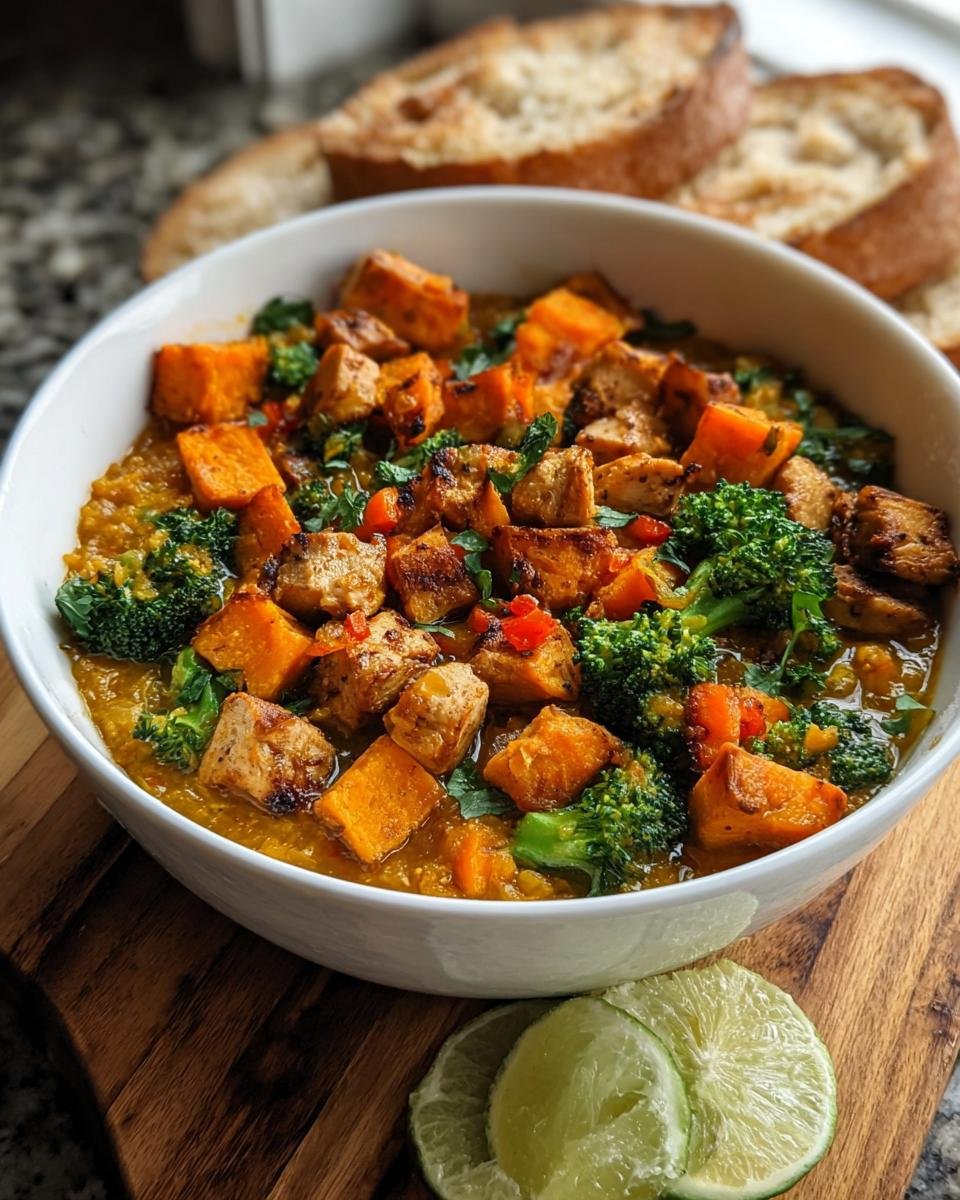 A vibrant bowl of stewed lentils topped with seasoned chicken, roasted sweet potato chunks, and broccoli florets, perfect for Budget-Friendly Healthy Meal Prep Recipes.