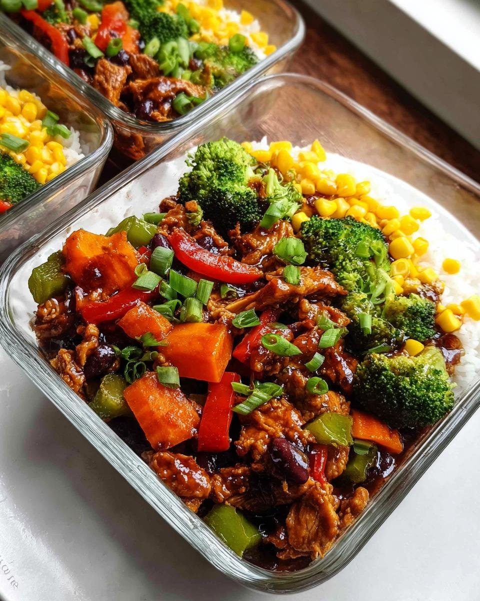 Close-up of a glass container holding a healthy meal prep recipe with rice, sweet and sour chicken or tofu, broccoli, and corn.