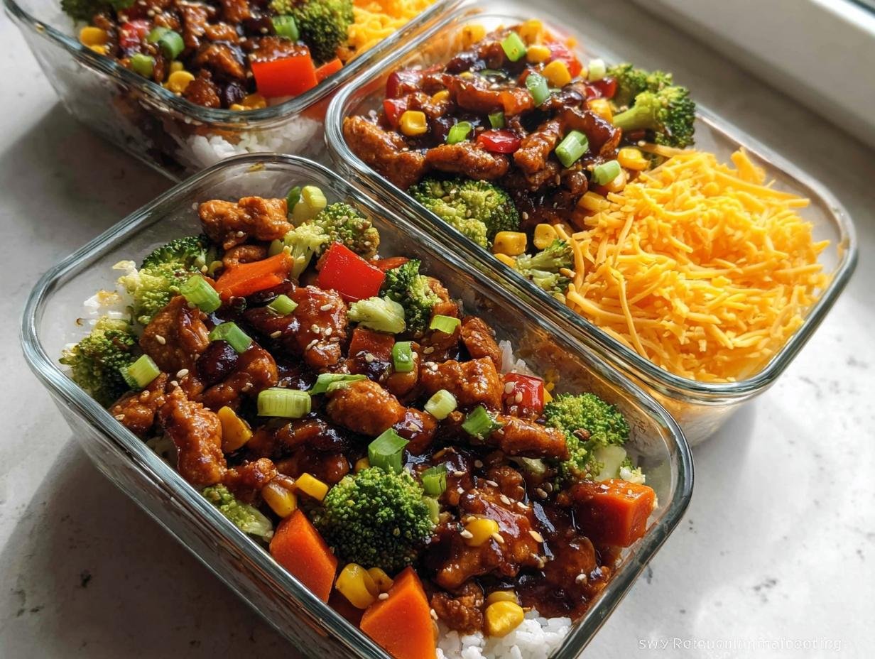 Three glass containers showing prepared Healthy Meal Prep Recipes with rice, saucy chicken, broccoli, and vegetables.