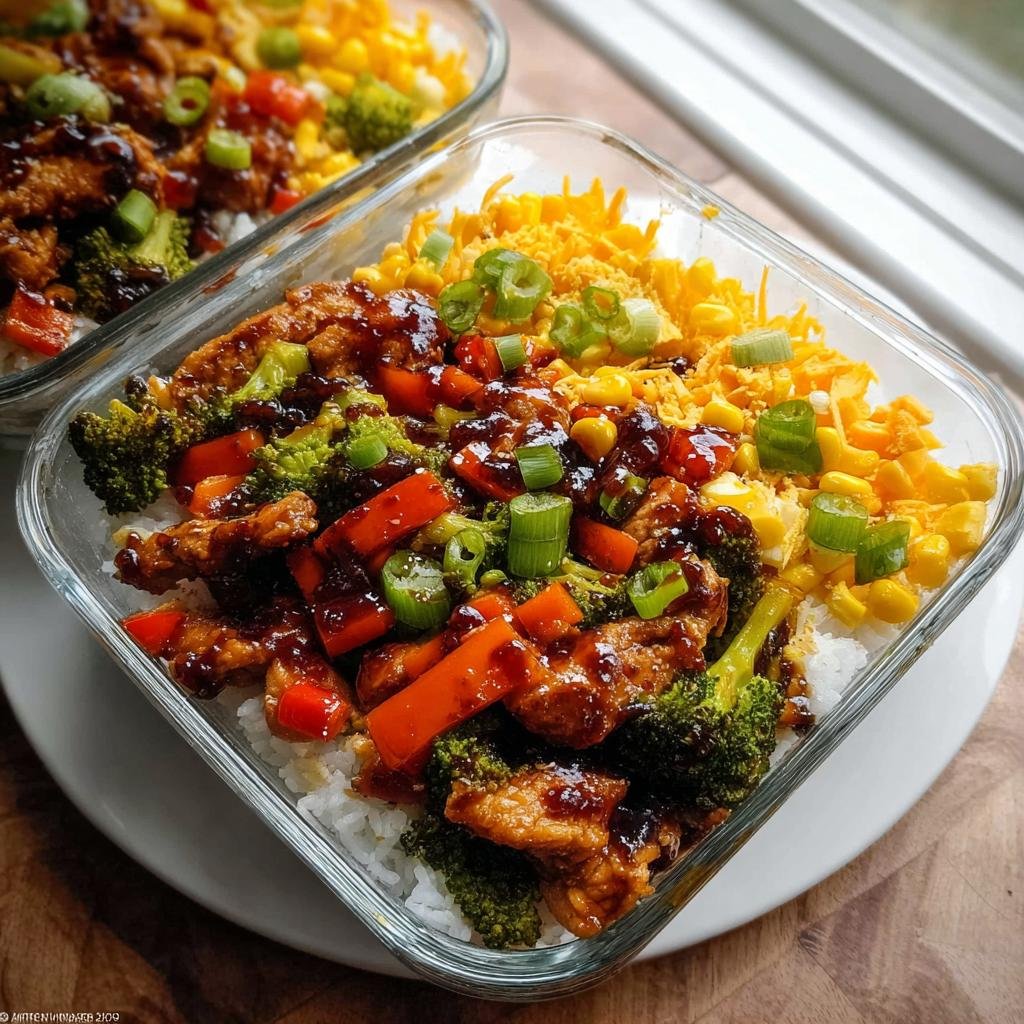 Close-up of a glass container showing a healthy meal prep recipe with rice, teriyaki chicken, broccoli, peppers, and corn.