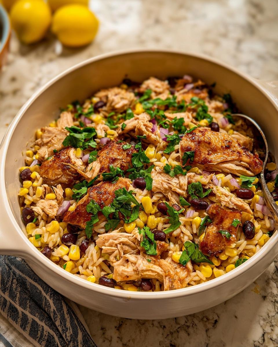 Close-up of a healthy one-pan recipe featuring shredded chicken, rice, corn, black beans, and fresh parsley.