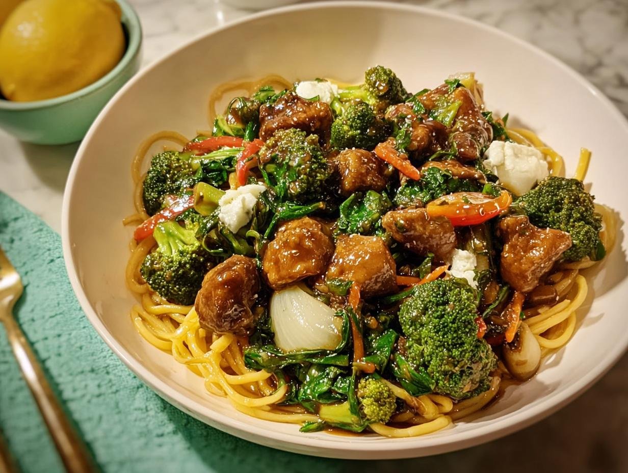 A bowl of high-protein beef and broccoli stir-fry served over noodles, a great example of Healthy Comfort Food Recipes.