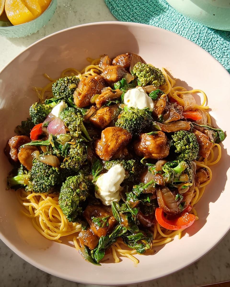 A bowl of high-protein chicken and broccoli stir-fry served over noodles, an example of Healthy Comfort Food Recipes.