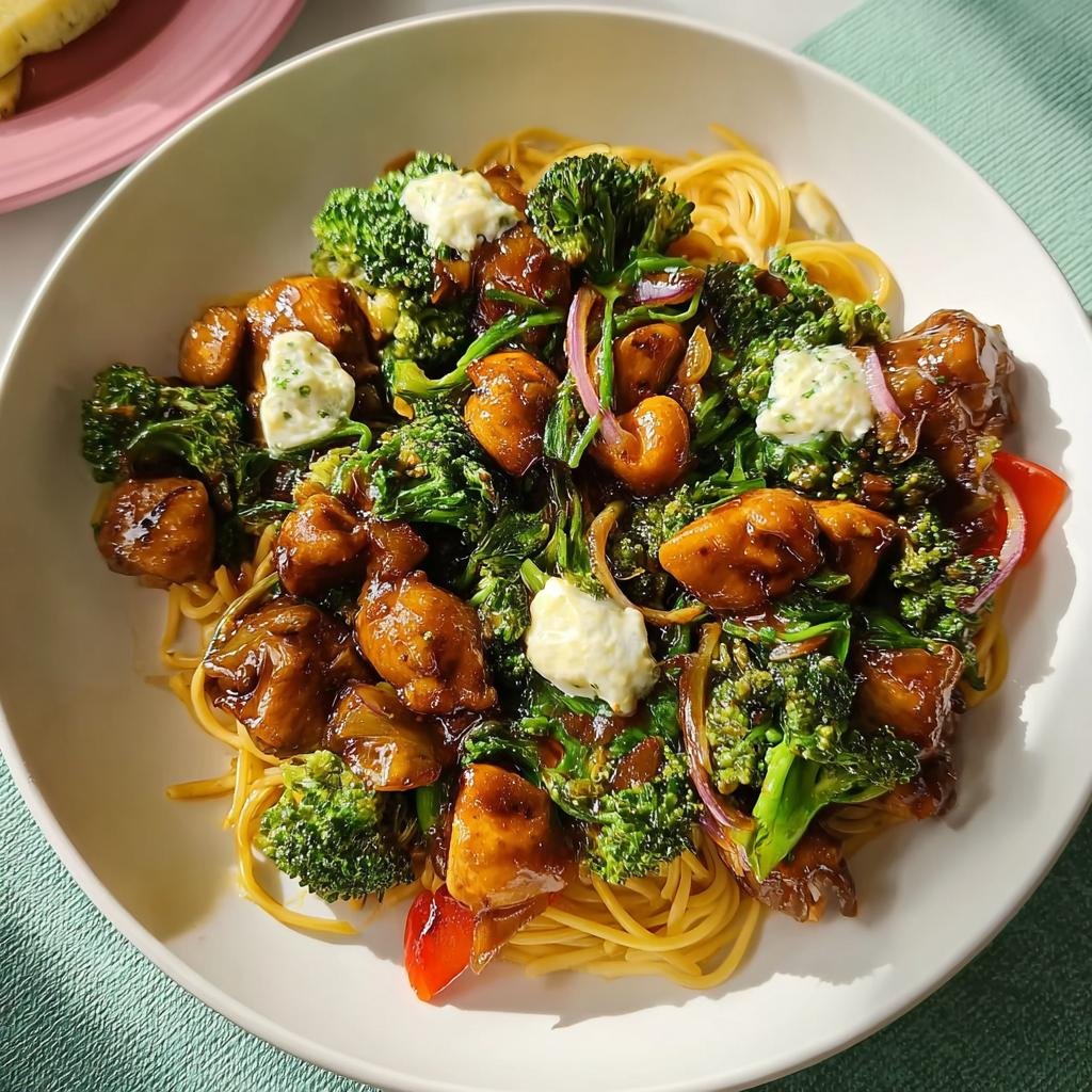 Bowl of saucy chicken, broccoli, and noodles topped with dollops of herbed cheese, a great example of Healthy Comfort Food Recipes.